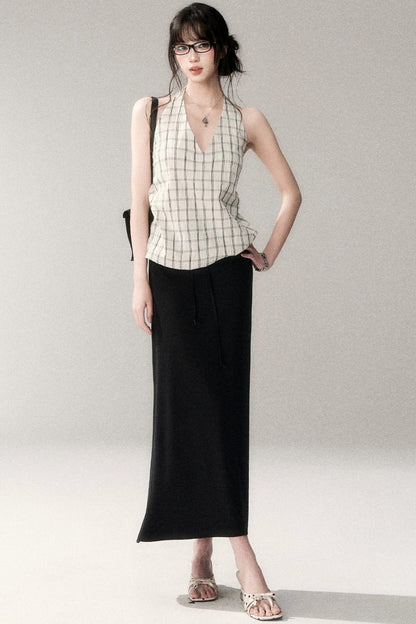 Textured Cotton Plaid Halter Camisole