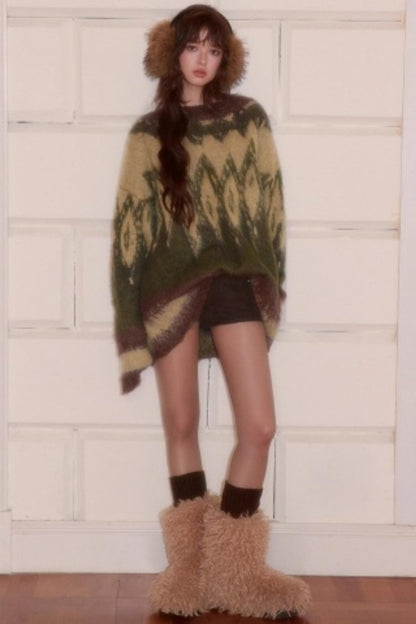 Retro Contrast Jacquard Loose Sweater