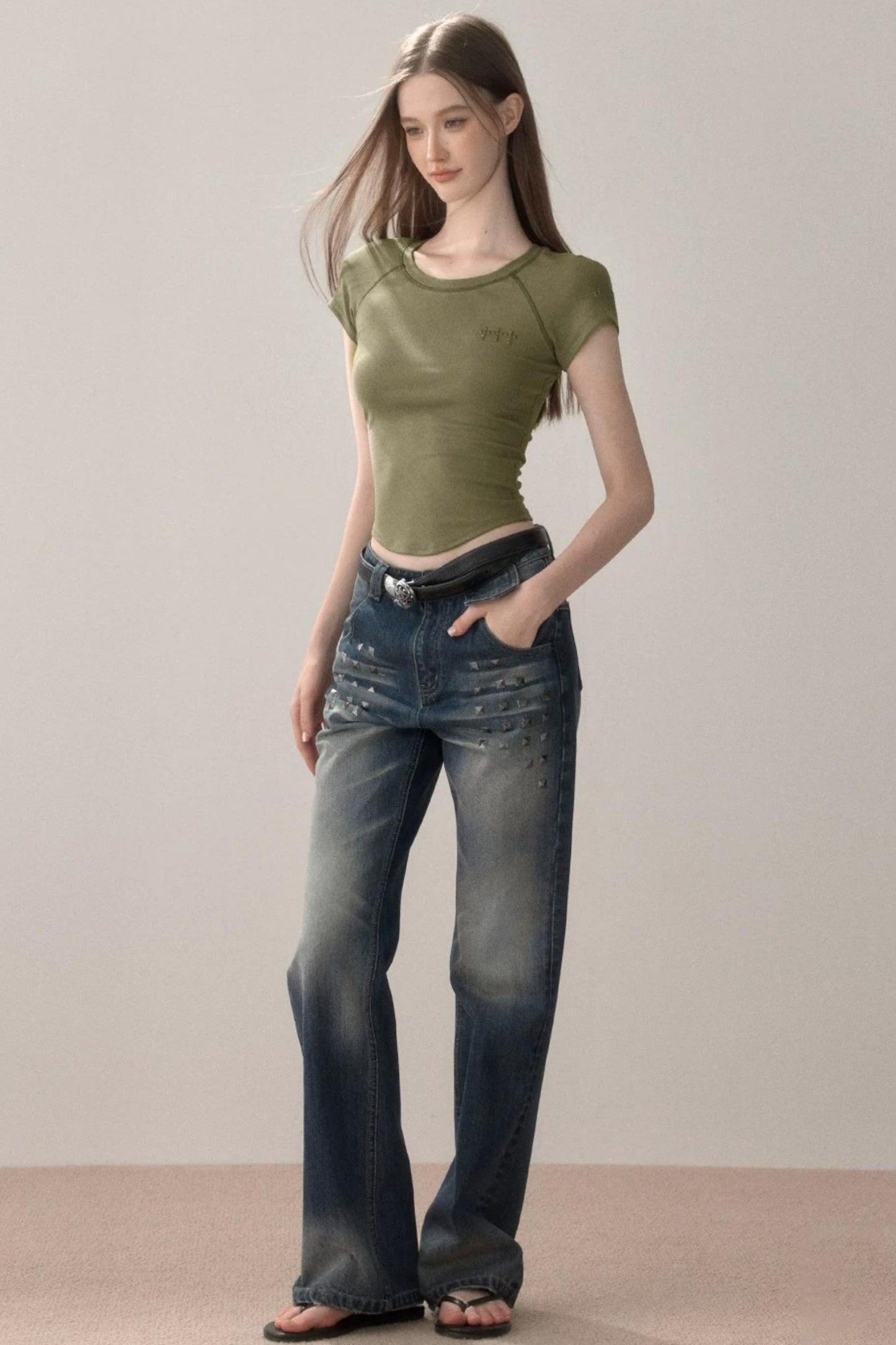 Retro Studded Rhinestone Jeans