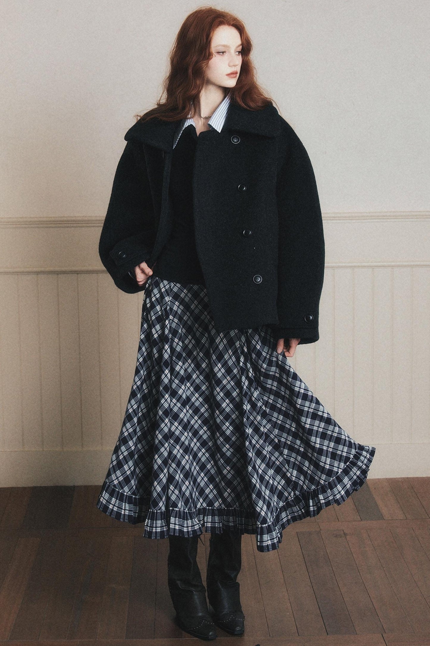 Navy Blue Check A-Line Swing Skirt