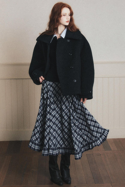 Navy Blue Check A-Line Swing Skirt