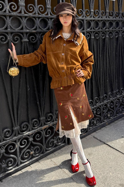 Vintage Embroidered Rose Leather Jacket Set-Up