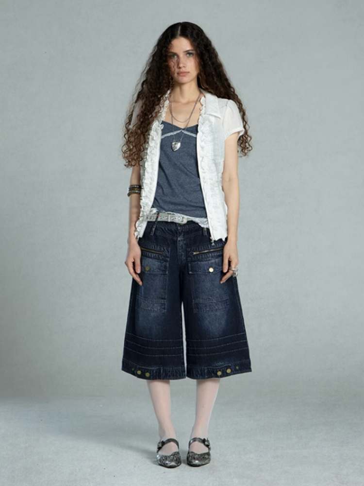 Damage Processing Big Pocket Cropped Denim Pants