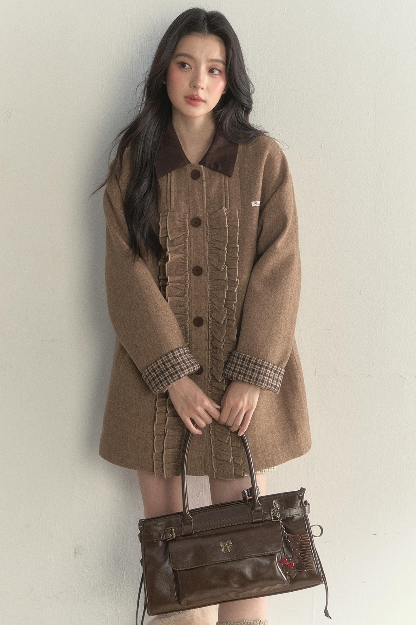 Vintage Khaki Houndstooth Wool Coat