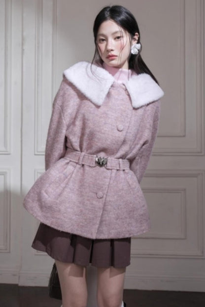 Cream Pink Quilted Woolen Coat