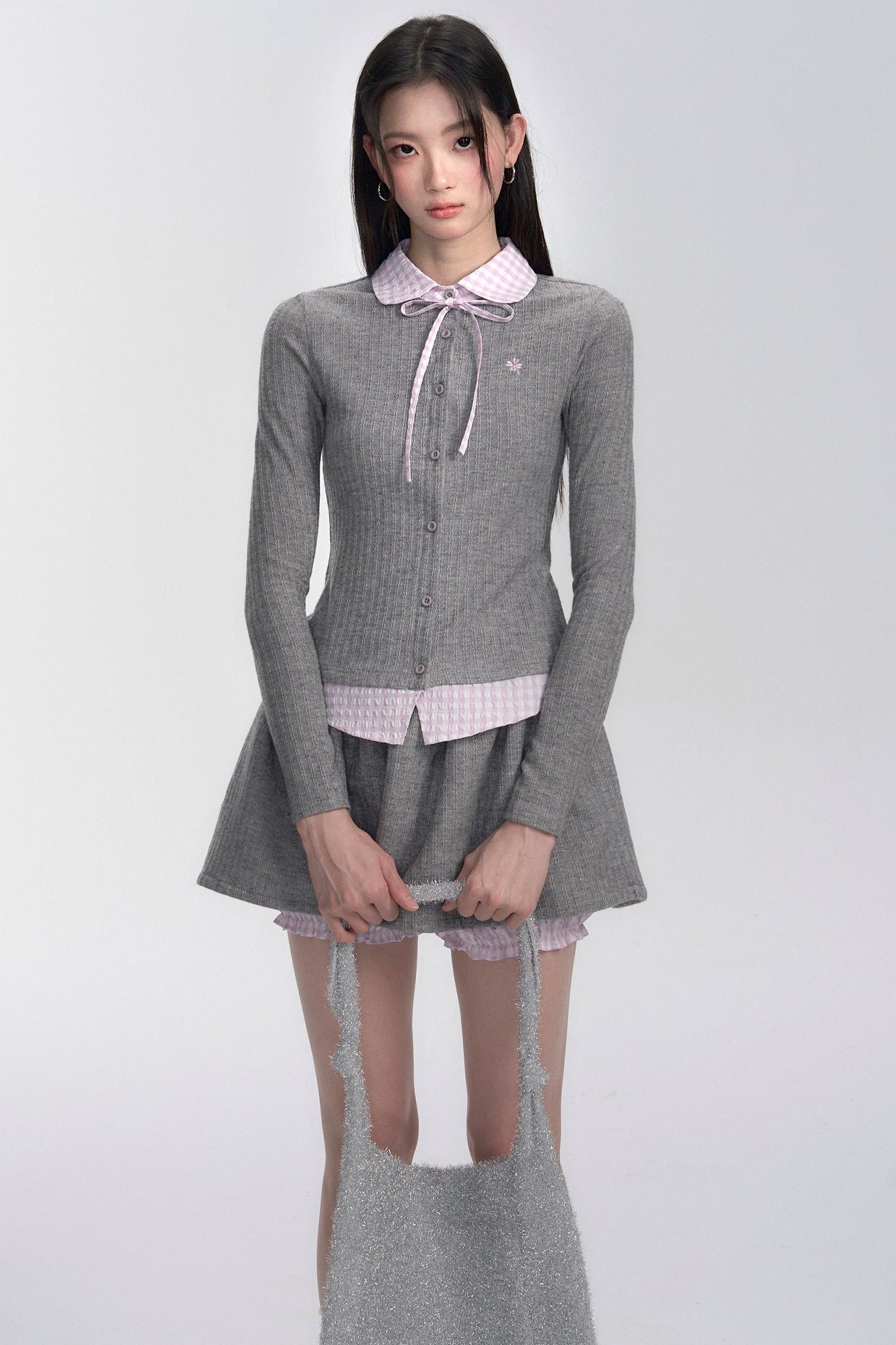 Pink-Gray Check Knit Top Set-Up