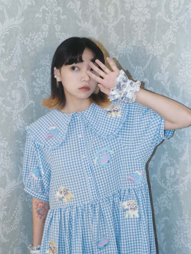 Sheep Embroidery Plaid Frill Dress