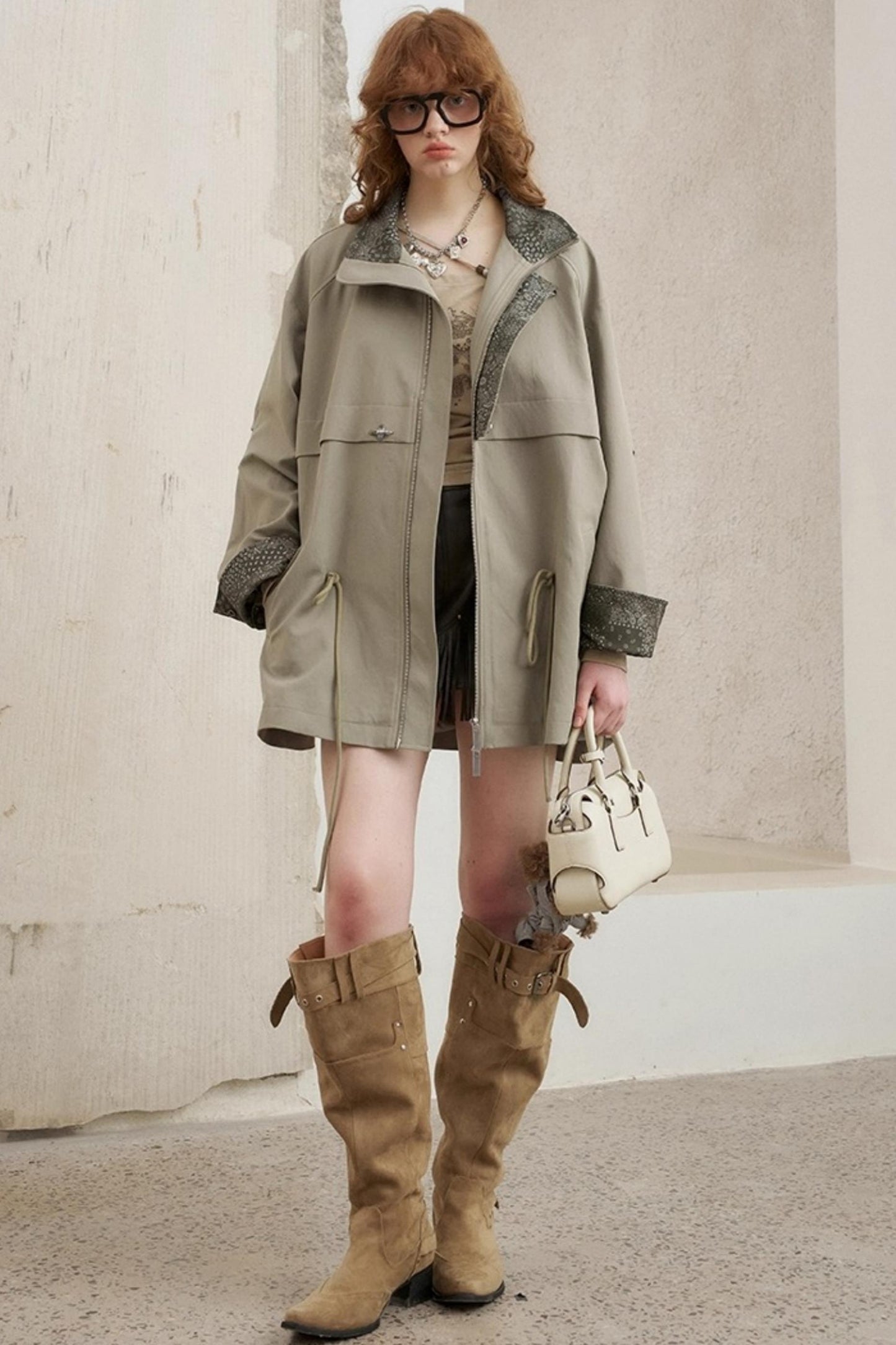 Contrast Windproof Drawstring Midi Trench Coat