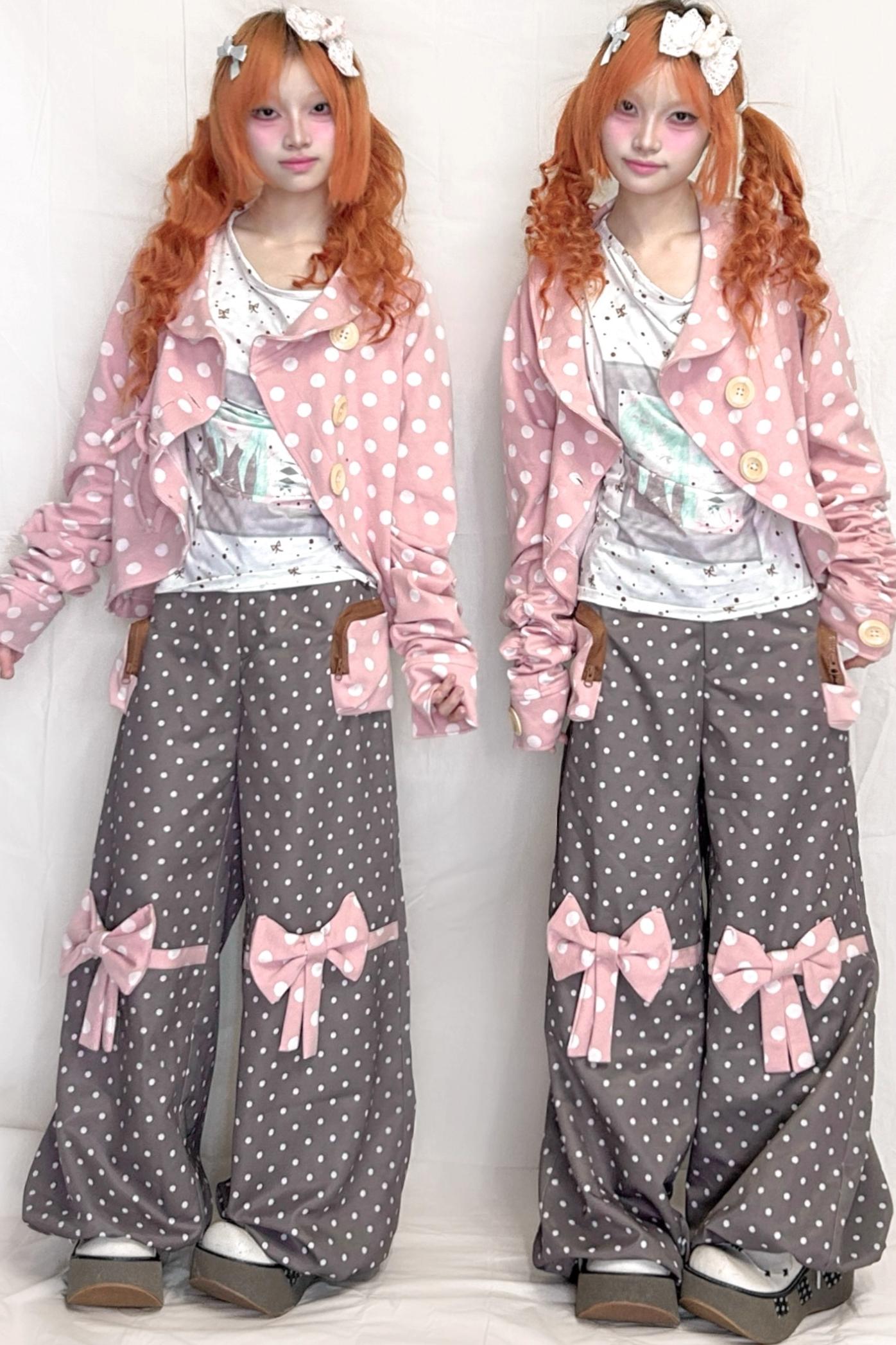 Childlike Wooden Polka Dot Pleated Long Sleeve Jacket