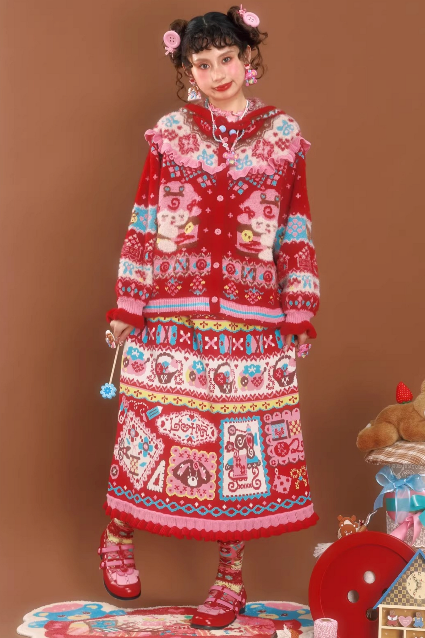 Rote Jacquard-Spitzenstrickrock