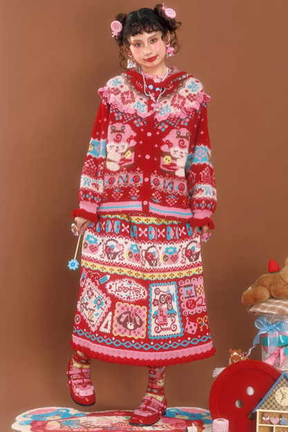 Rote Jacquard-Spitzenstrickrock