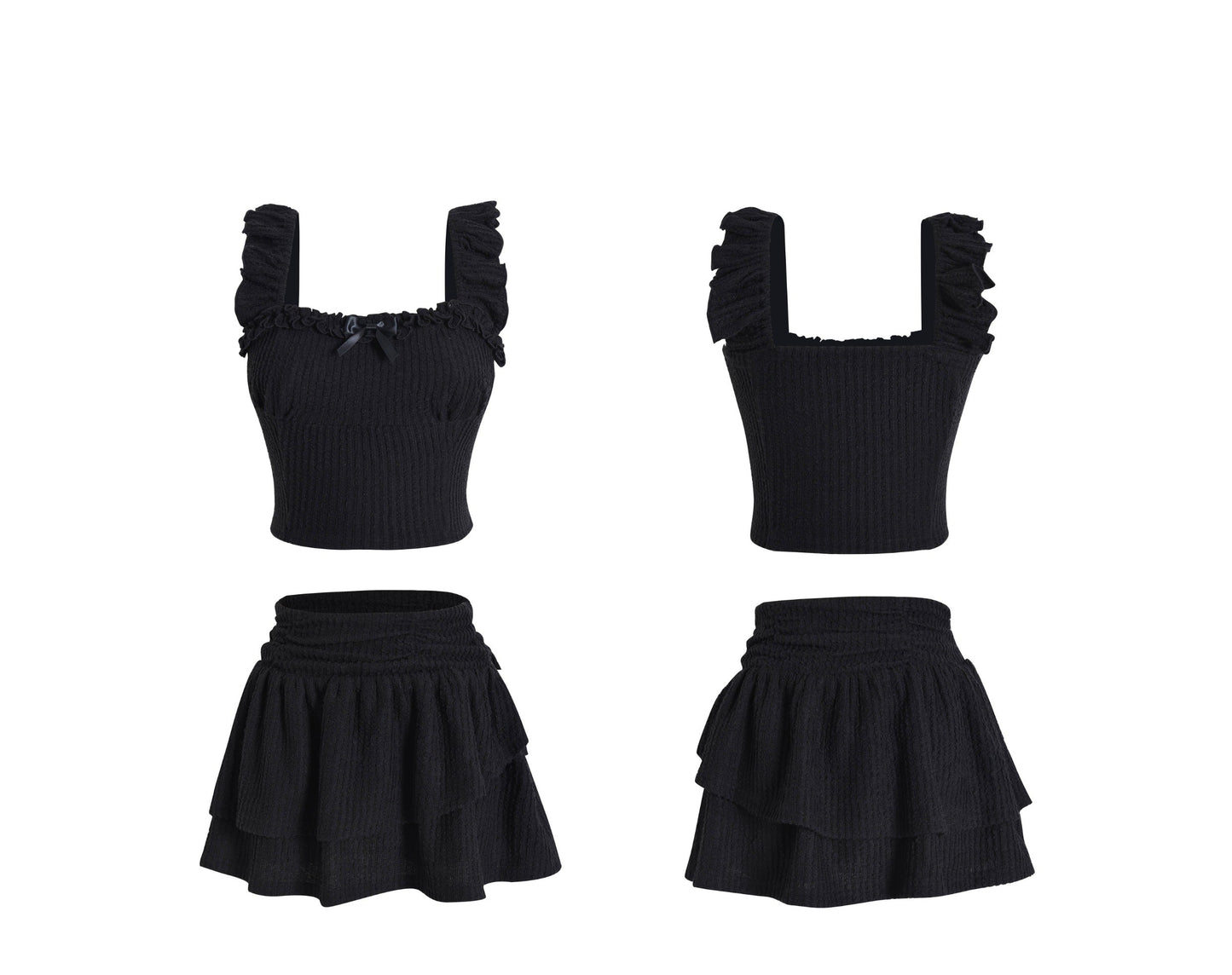 Off-the-shoulder Ruffle Ribbed Top & Miniskirt Setup