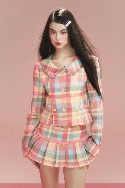 Sweet Vintage Check Jacket And Skirt Set-Up