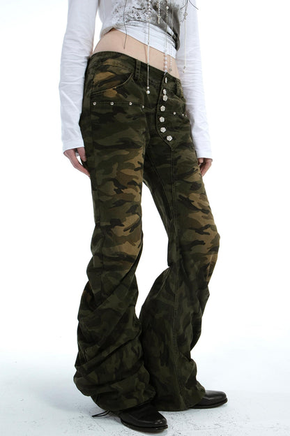 Wash Cotton Camouflage Flared Trousers