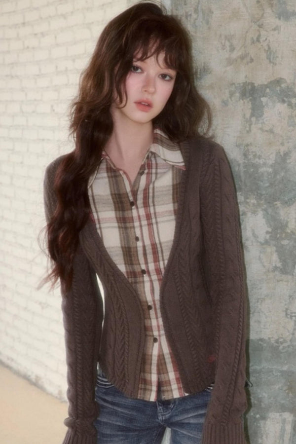 Plaid Splicing Fake Two-Piece Knit Sweater