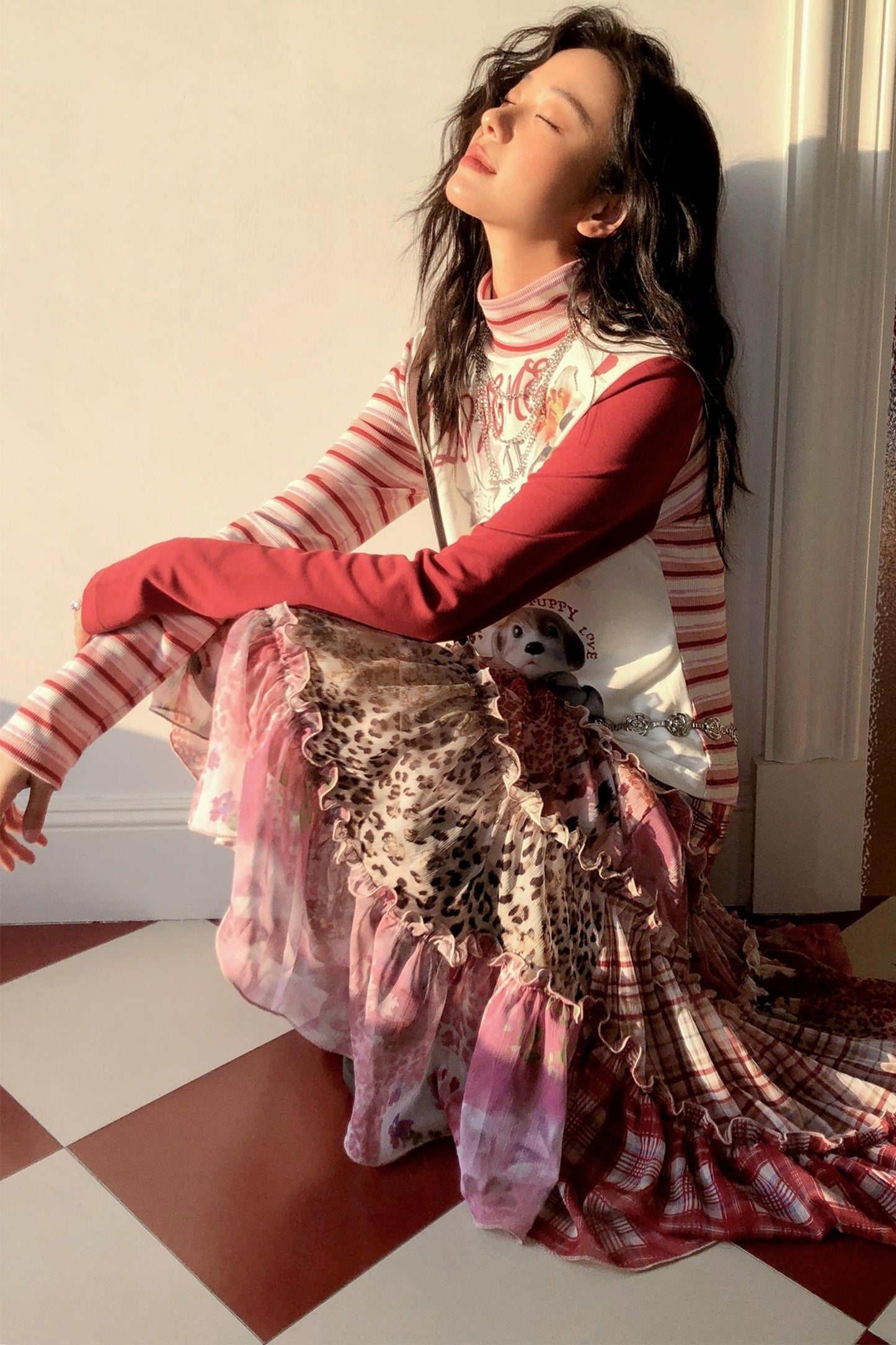 High-Neck Asymmetrical Print T-Shirt