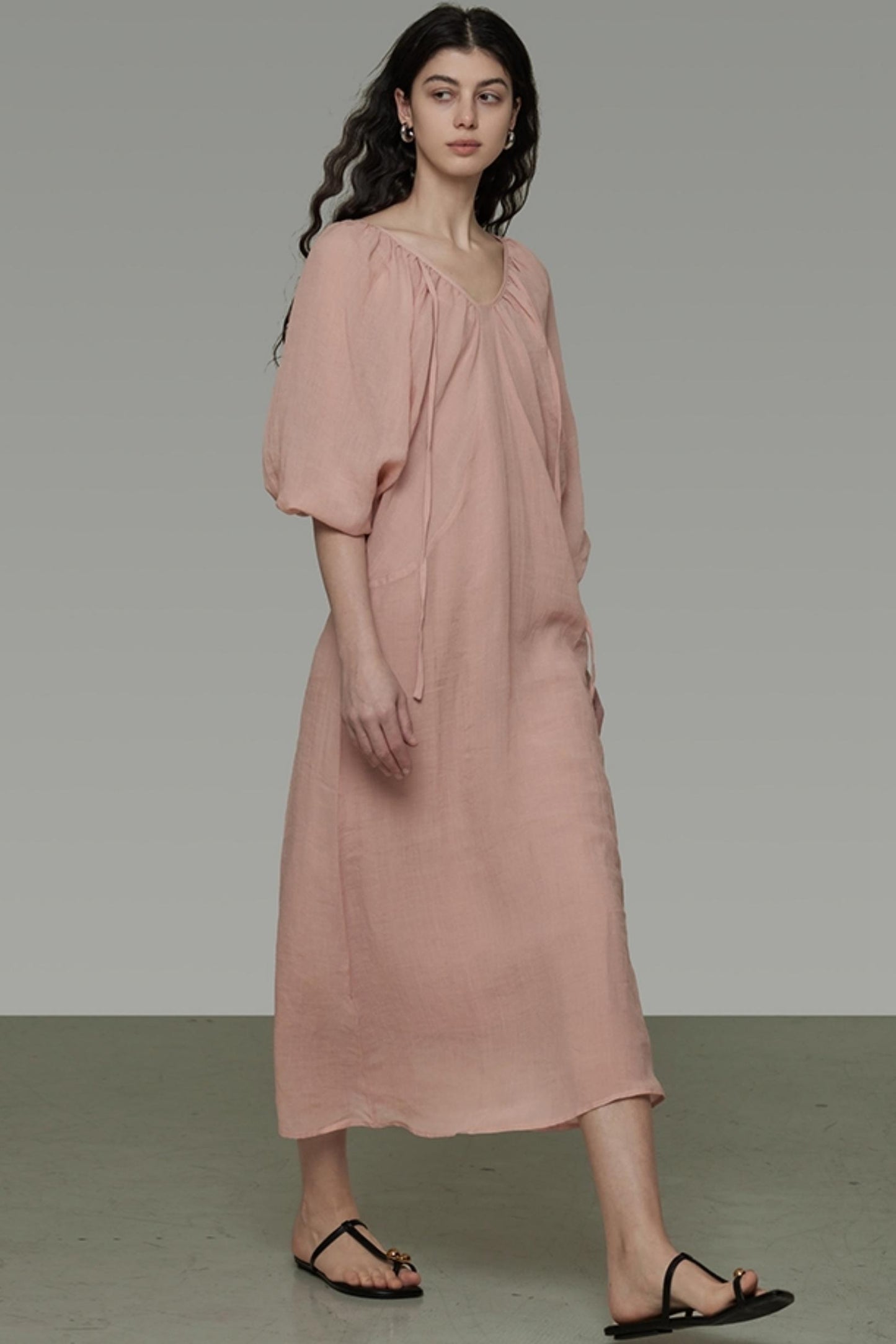 Lantern Sleeve Linen Dress