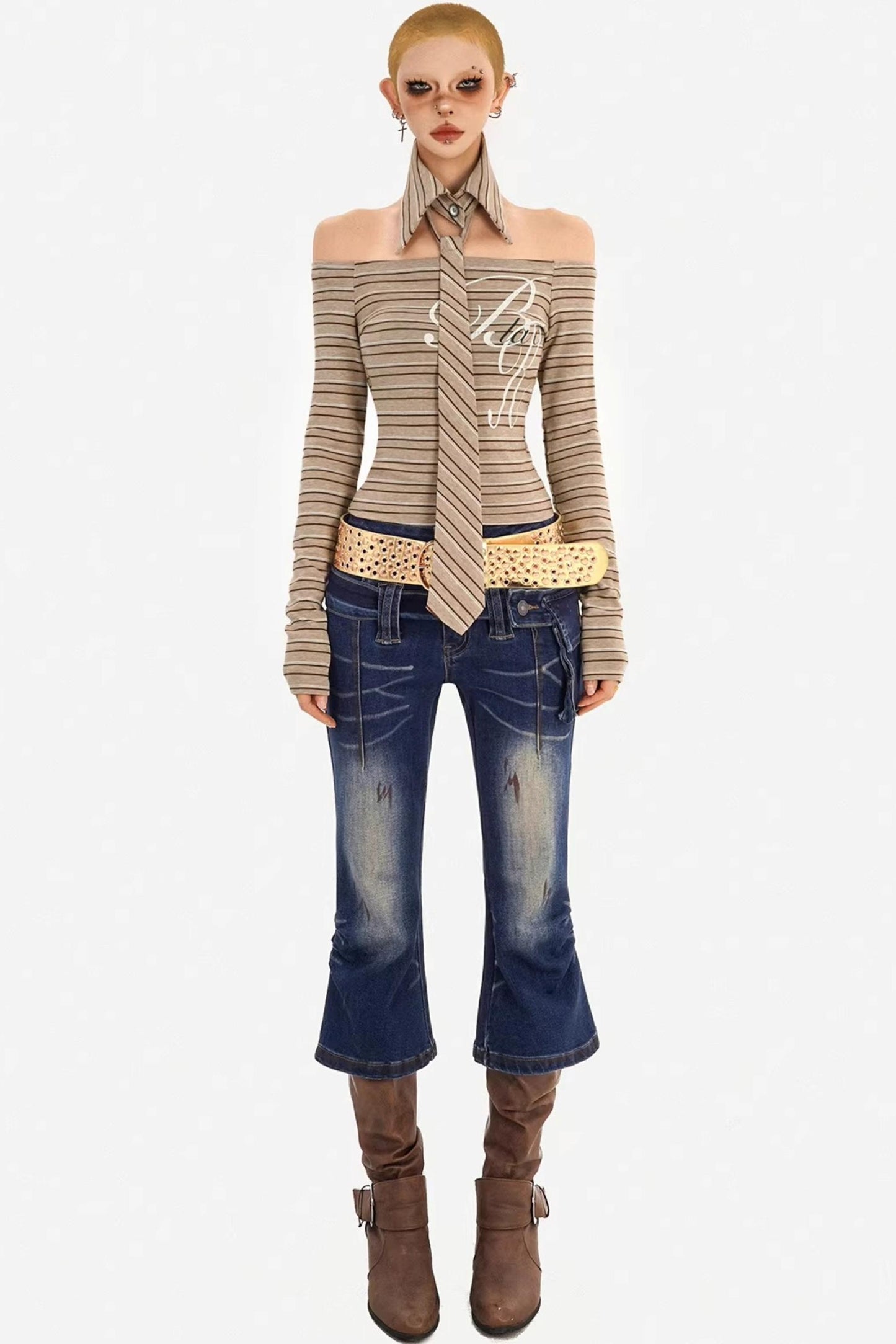Retro Gestreiftes Off-Shoulder-Top