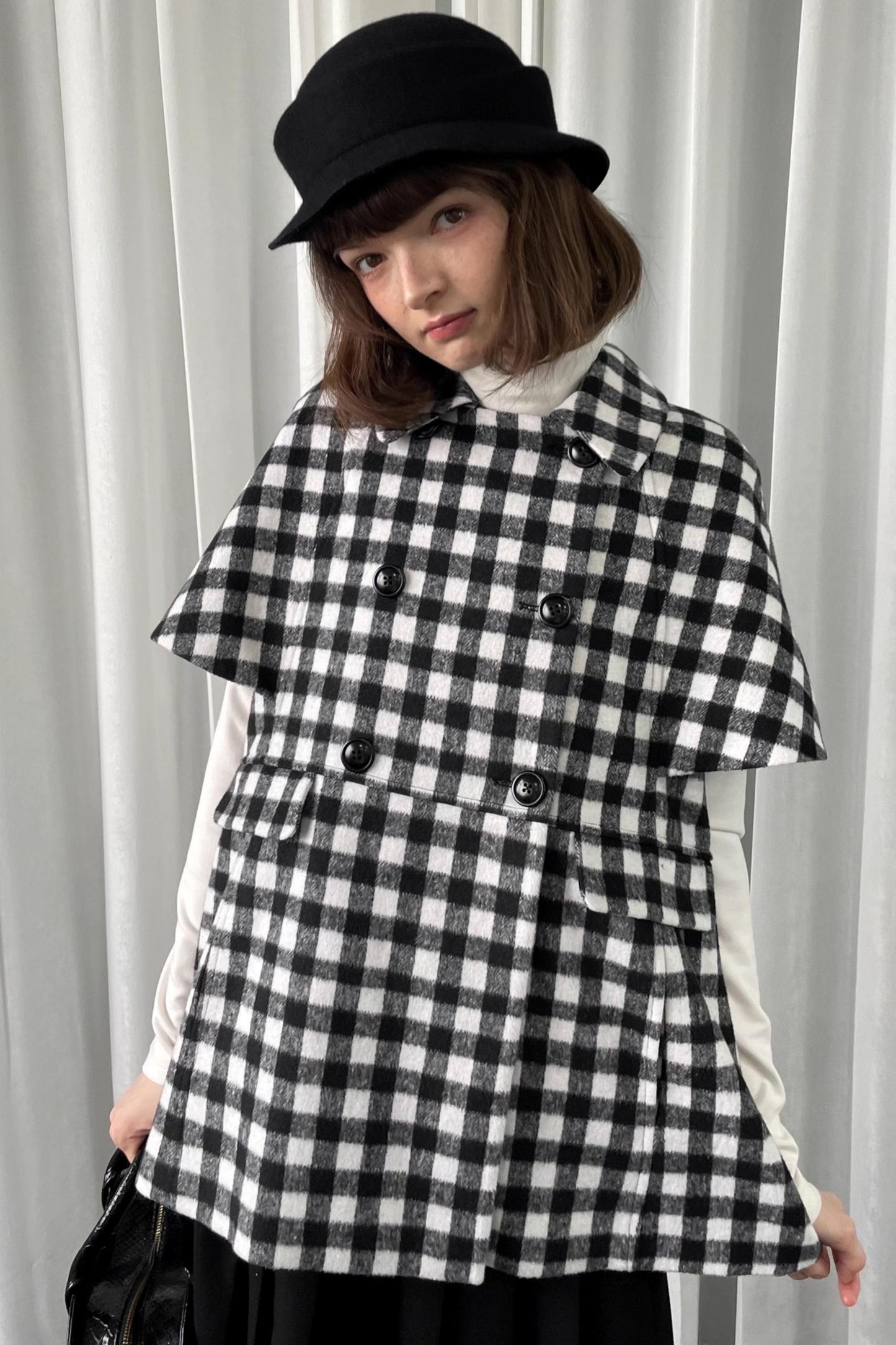 Black Plaid Lapel Woolen Coat