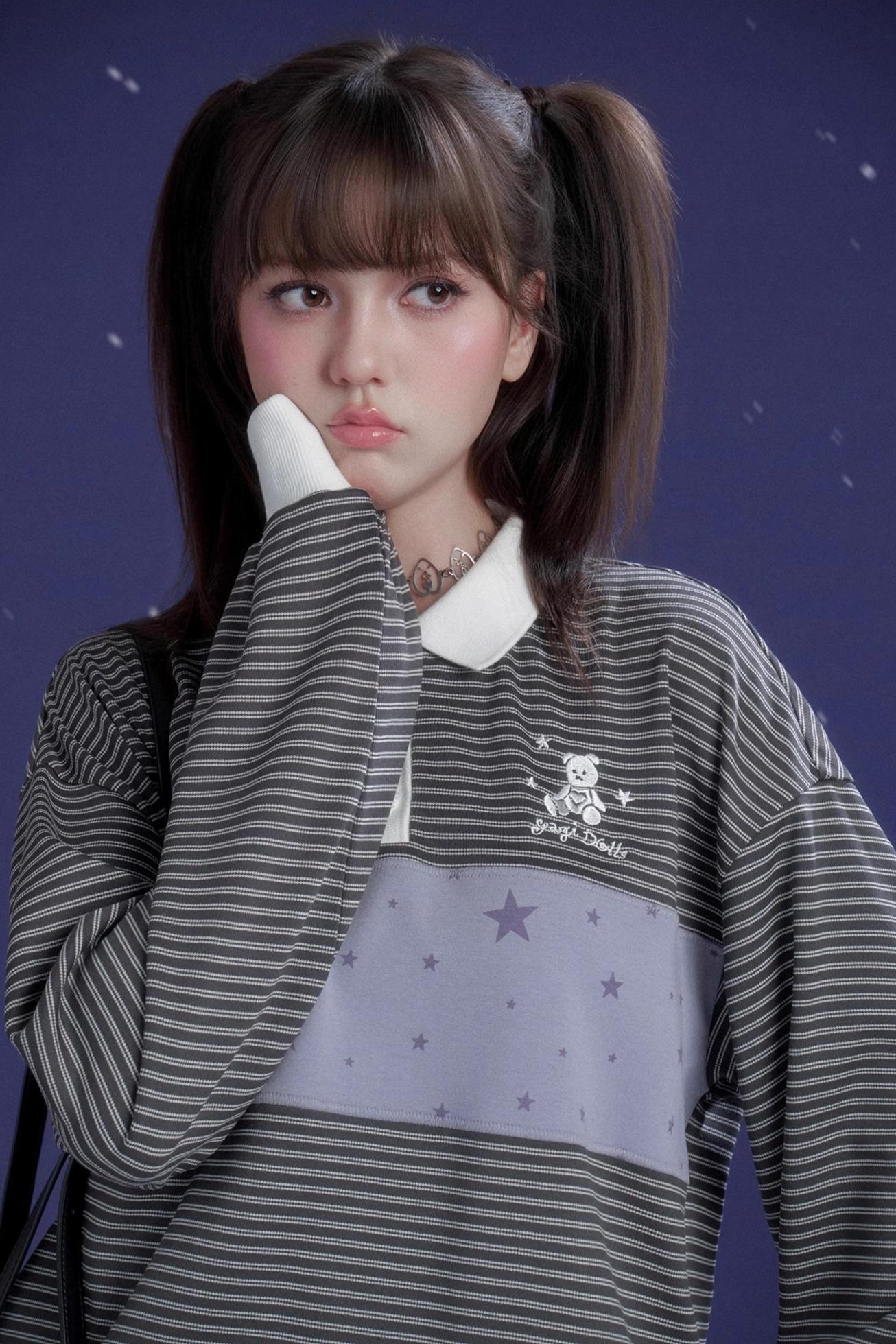 Gray-Purple Striped Polo Top