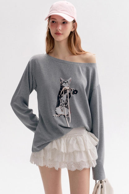Lazy Kitten-print Long-sleeved T-shirt