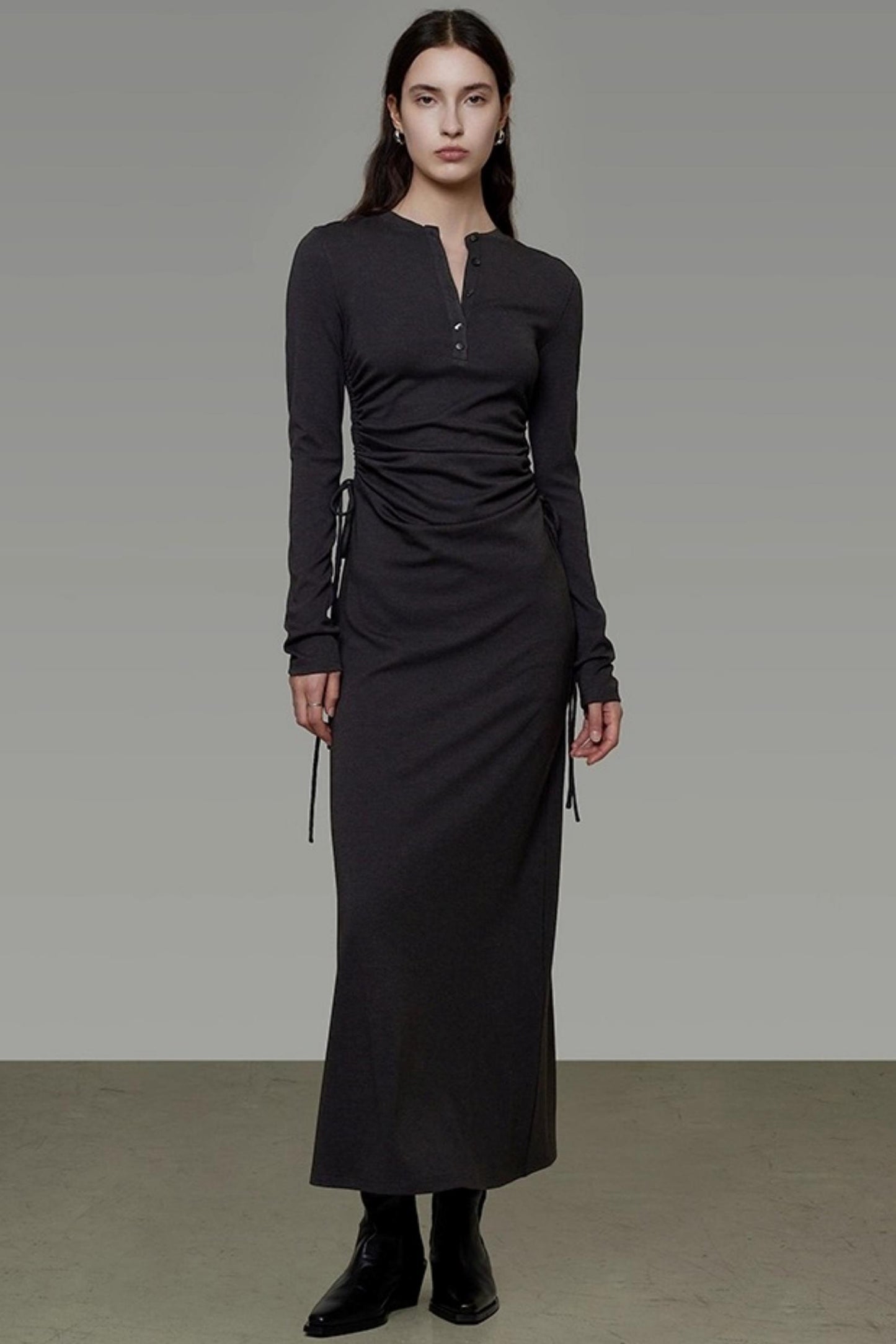 Pleated Long-Sleeve Dress