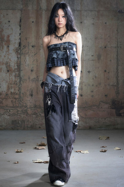 Double-Waist Patchwork Wide-Leg Pants