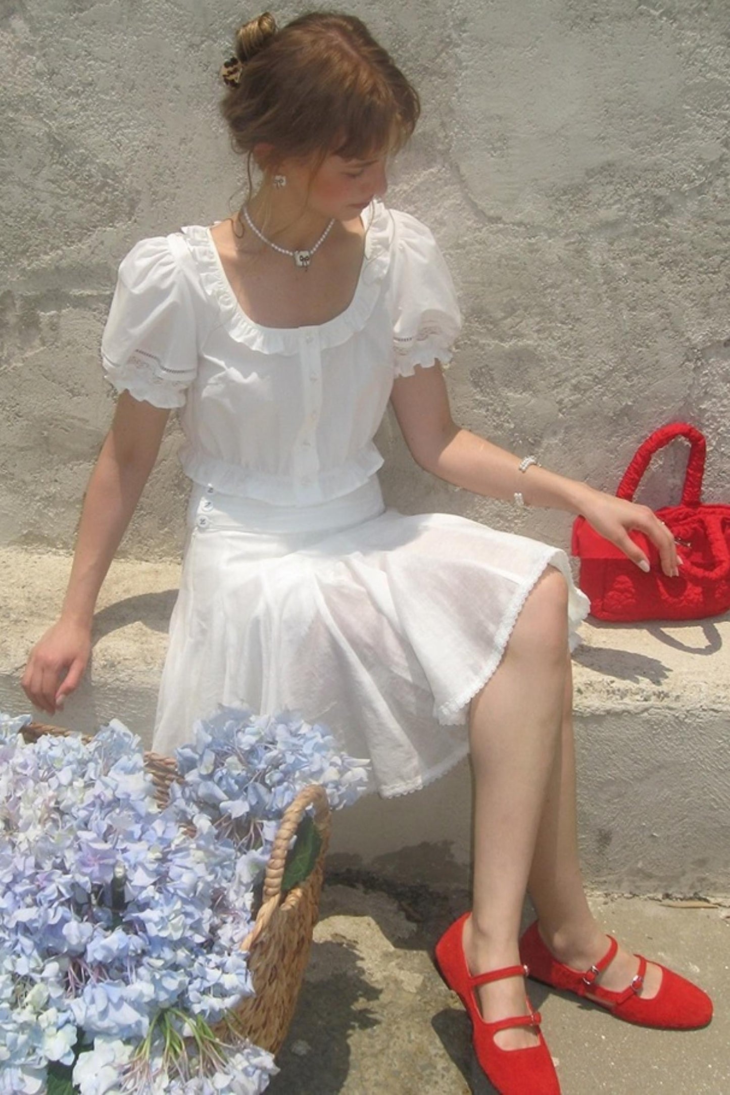 White Lace Square Collar Puff Sleeve Shirt