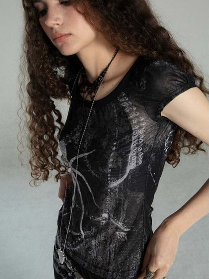 Spider Print T-Shirt & Mesh Long Skirt