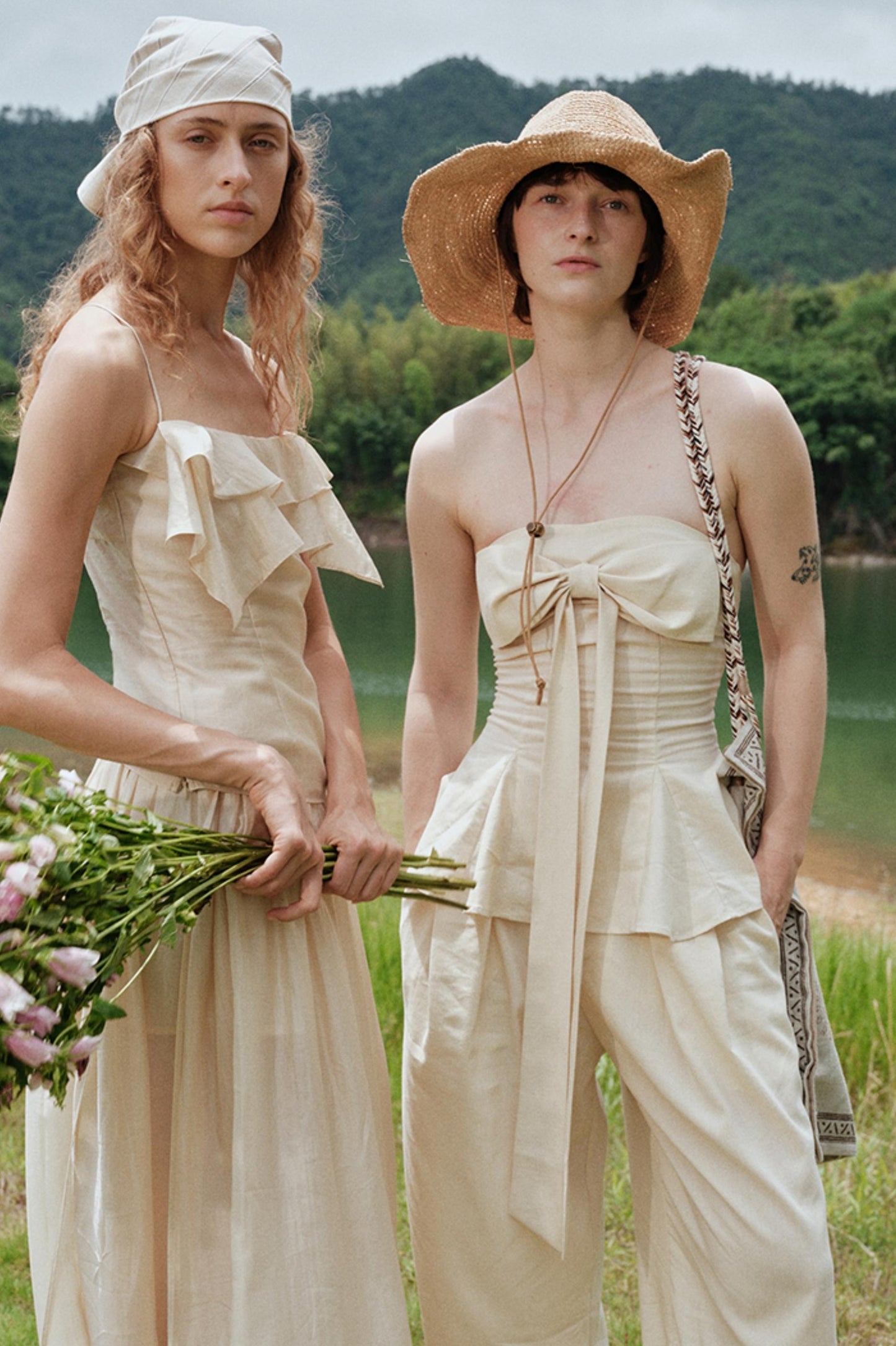 Eternal River Linen Bandeau Top & Wide-Leg Trousers Set-Up