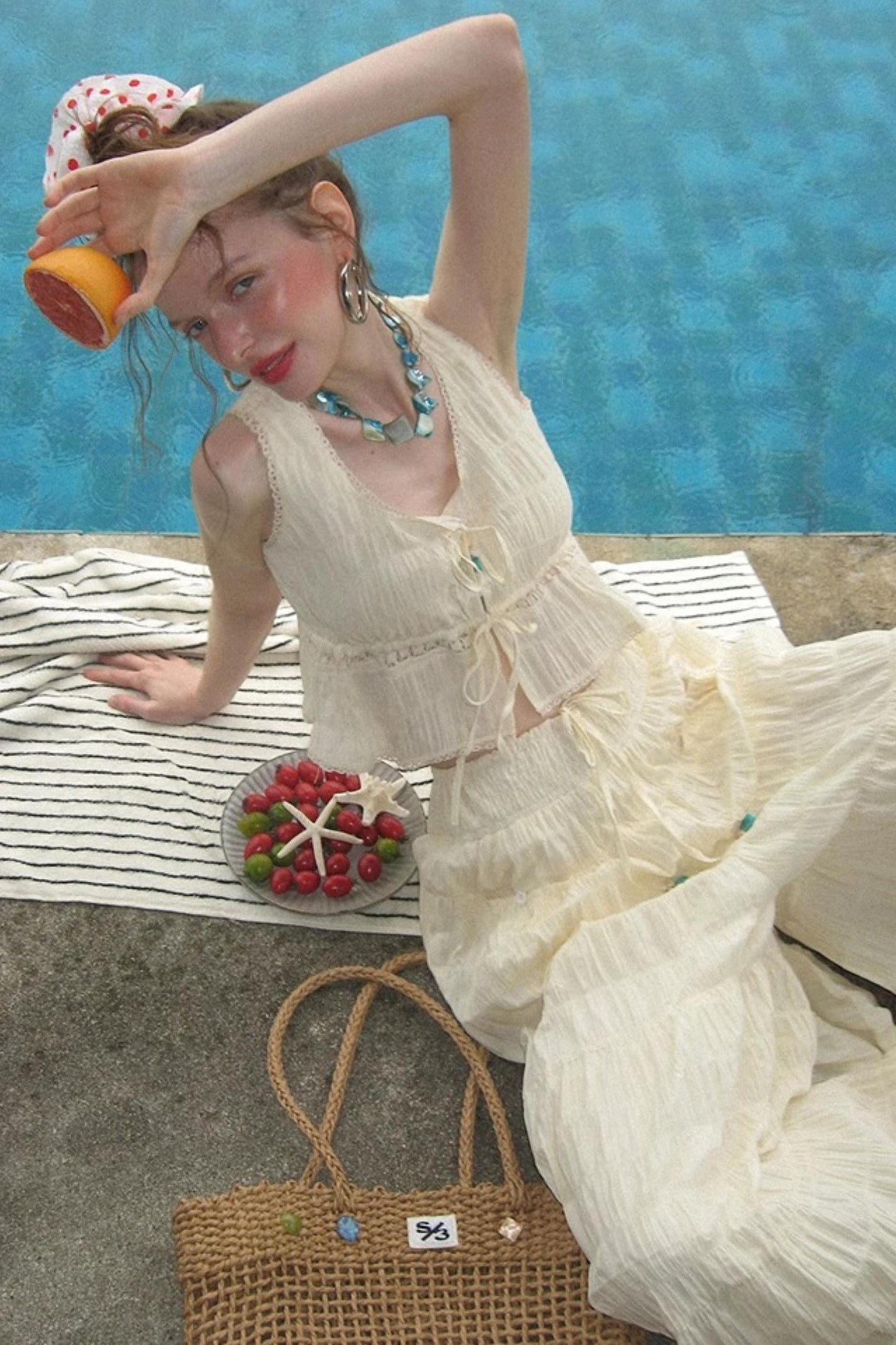 Beige Textured Lace Skirt Set-Up