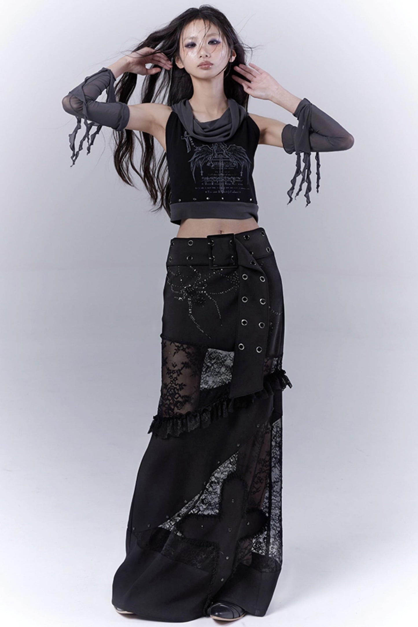 Gothic Elegance Sheer Lace Bustle Skirt
