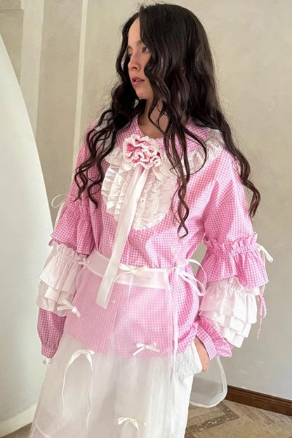 Pink-White Plaid Lace Shirt