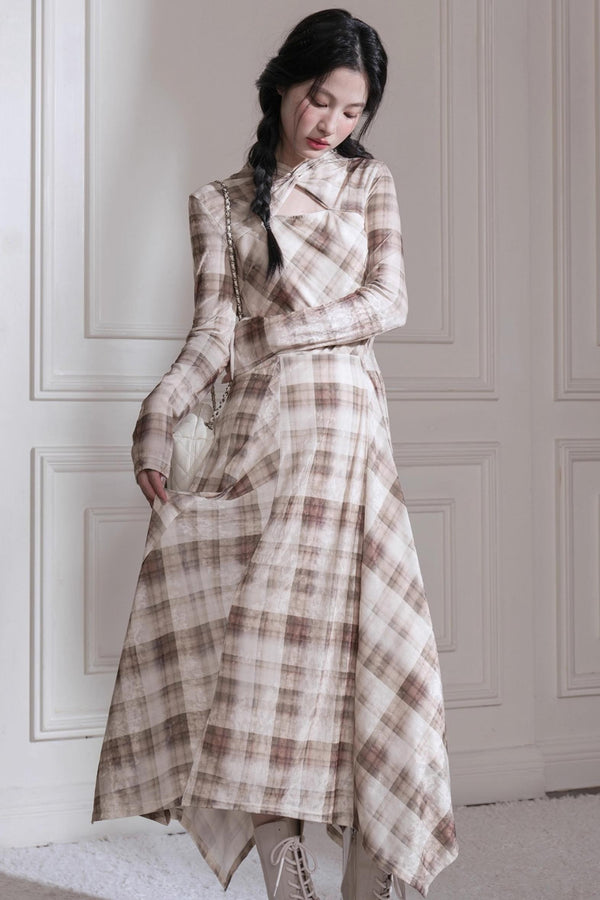 Mercerized Velvet  Check Long Sleeve Dress