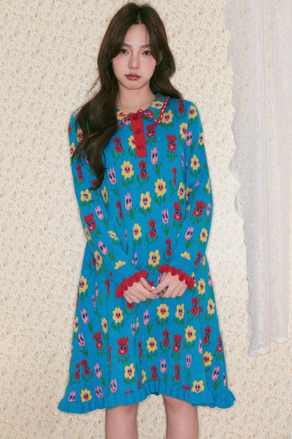 Blue Flower Knitted Dress