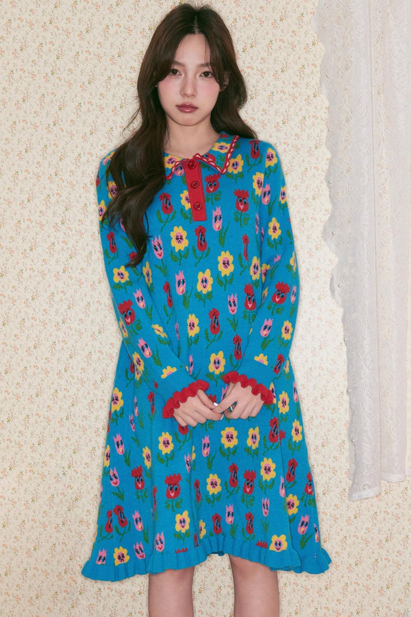 Blue Flower Knitted Dress