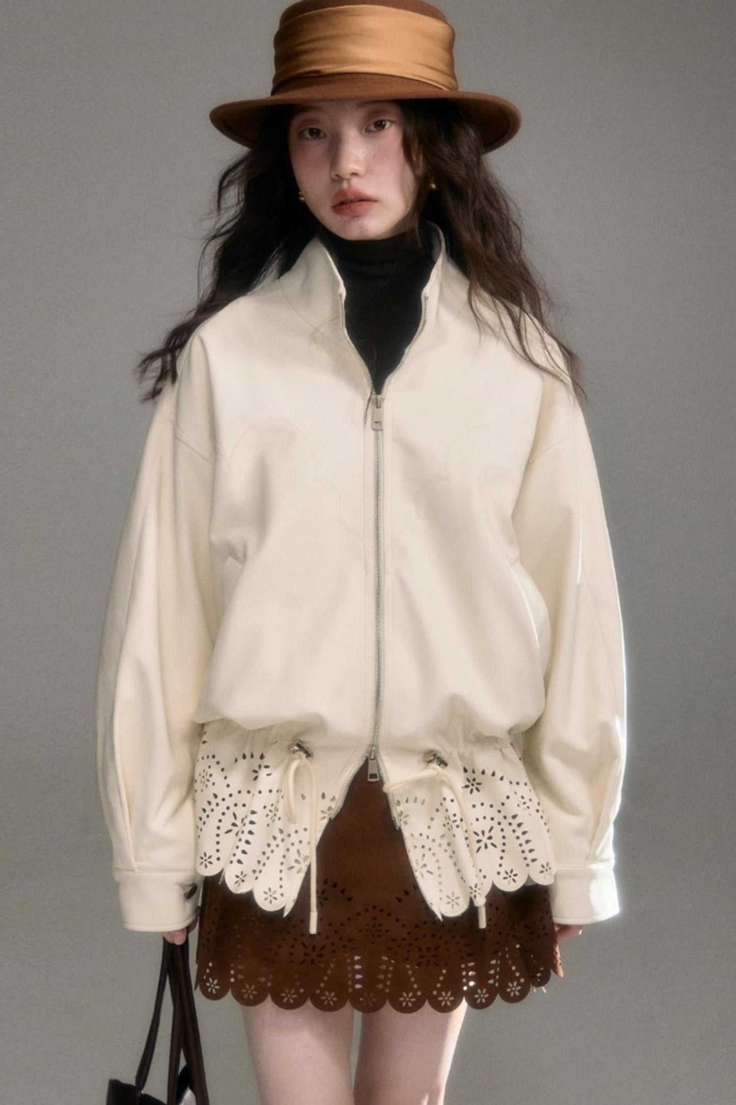 Hollow-Out Floral Leather Jacket