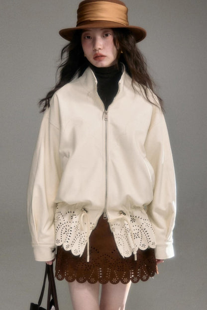 Hollow-Out Floral Leather Jacket