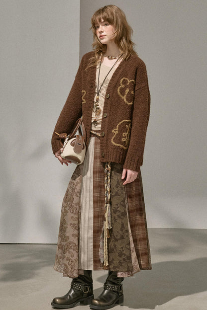 Floral Stitching Brown Skirt