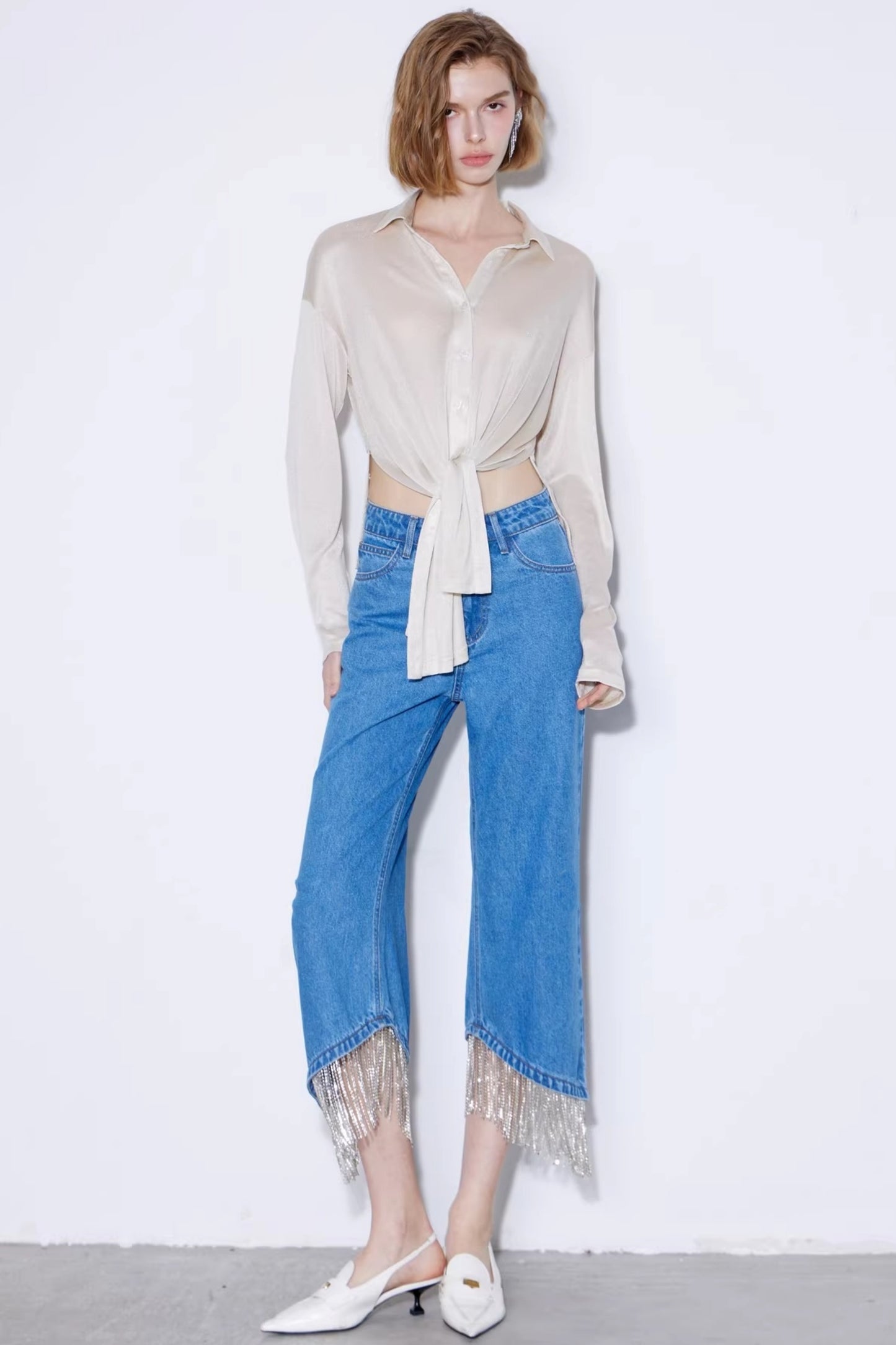 Rhinestone Tassel Cropped Jeans