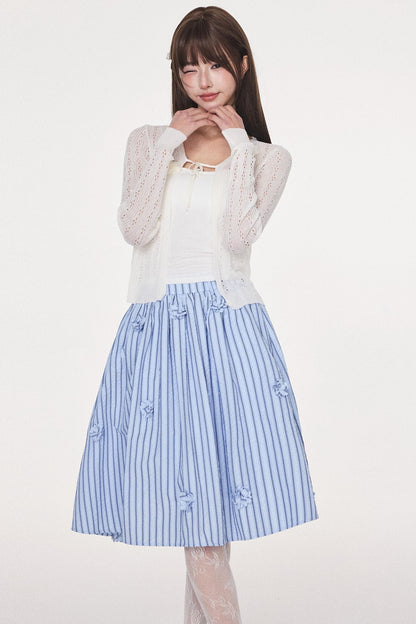 Blue Striped Flower Silhouette Skirt