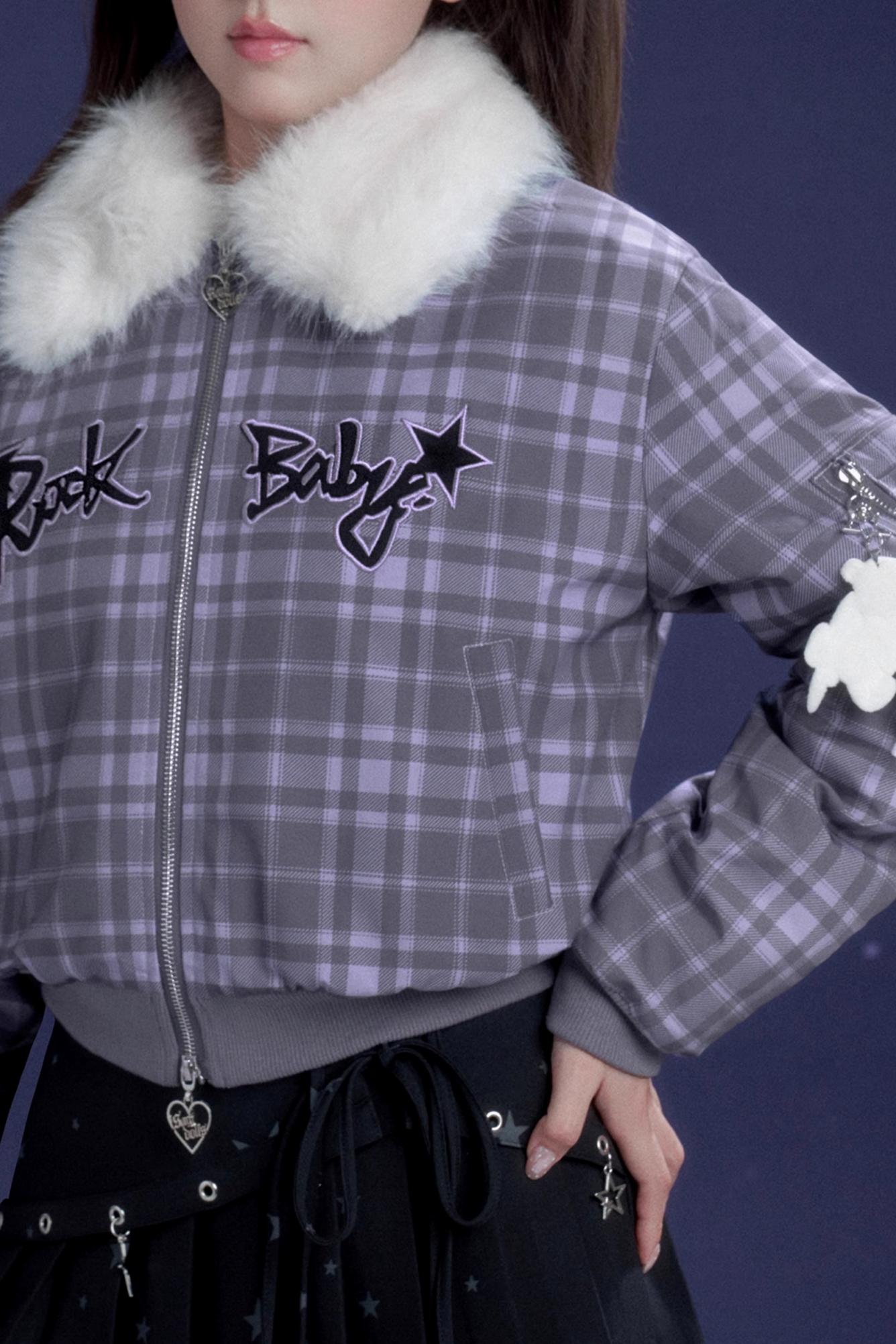 Purple Plaid Fur Collar Jacket
