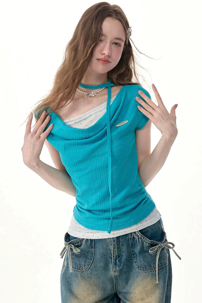 Blue Polka Dot Asymmetric Ruffle T-Shirt