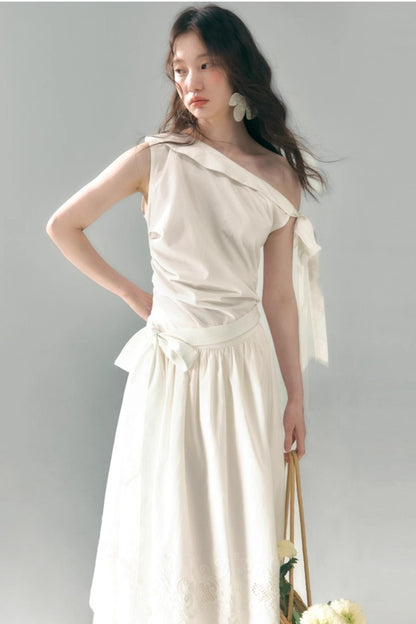 Sunshine Island Tencel Lace-Up Cinched Waist Dress