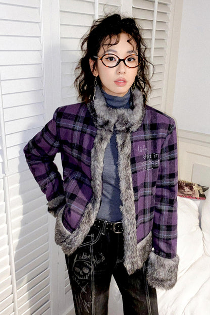 Chic Purple Plaid Wool Jacket