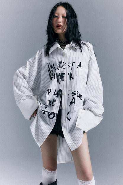 Graffiti Print Striped Long-Sleeved Shirt