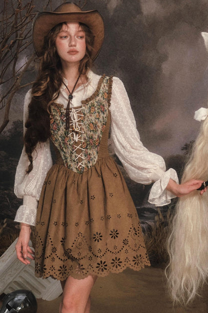 Vintage Country Print Suede Dress Set-Up