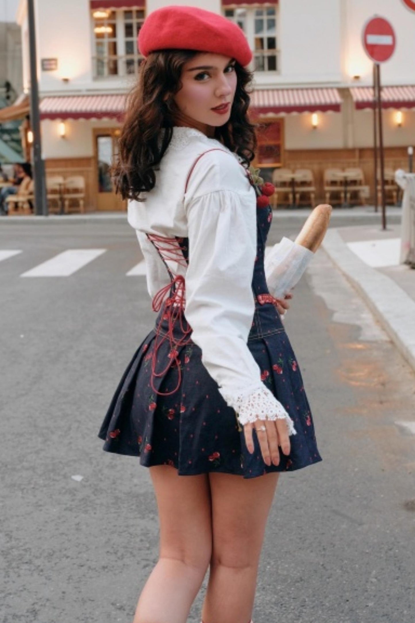 Cherry Embroidery Denim Skirt Set-Up