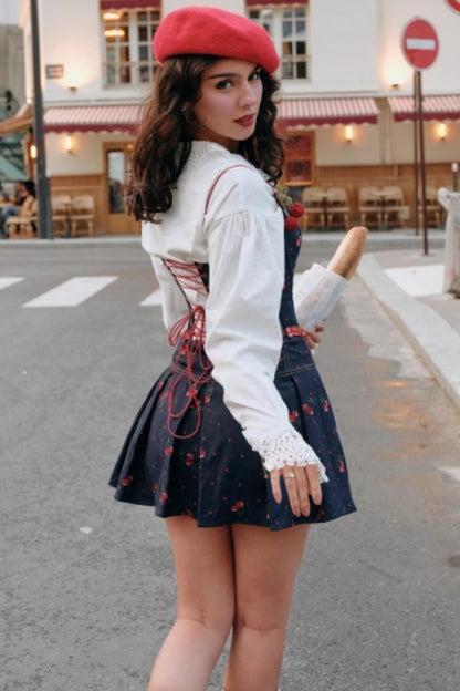 Cherry Embroidery Denim Skirt Set-Up