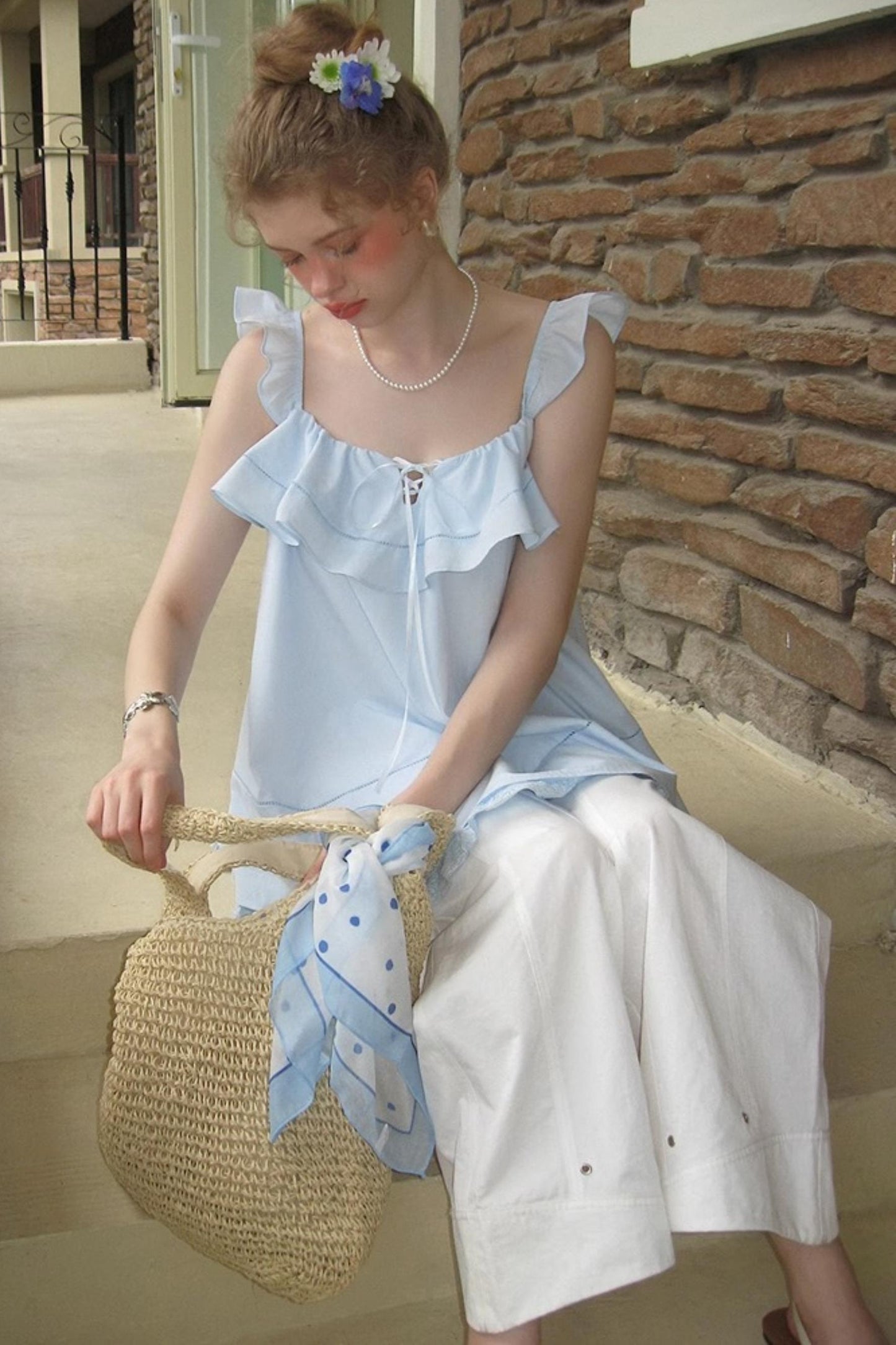 Blue Lace V-Neck Doll Top